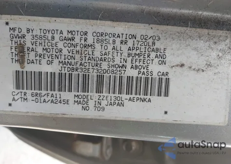 2003 Toyota Corolla Le from USA, damaged, VIN JTDBR32E732008257